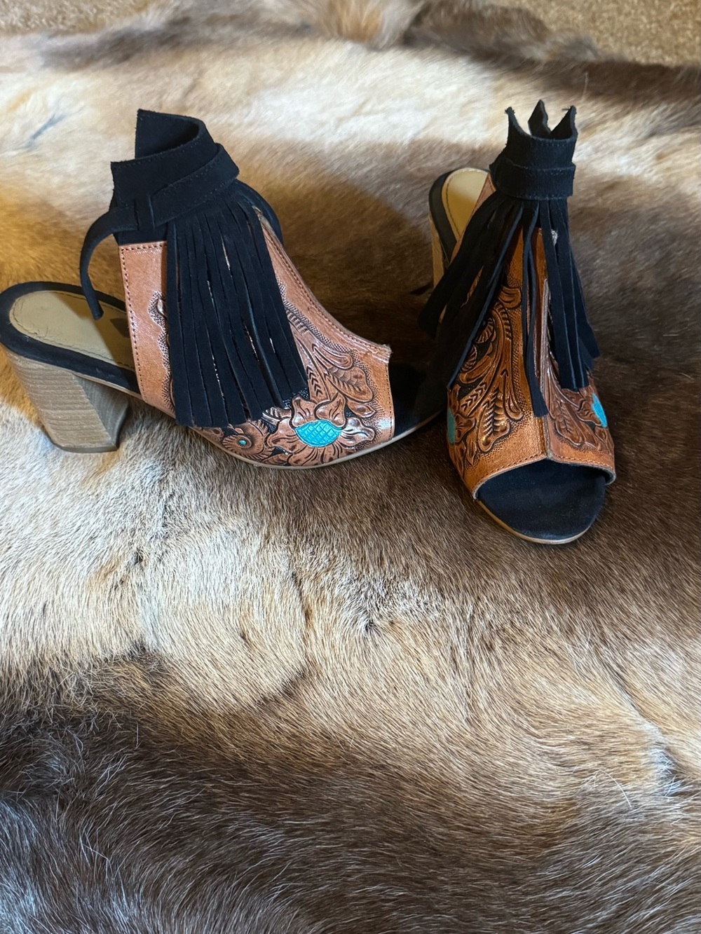 Brown Leather Western Fringe Block-Heel Sandals with Turquoise Accent